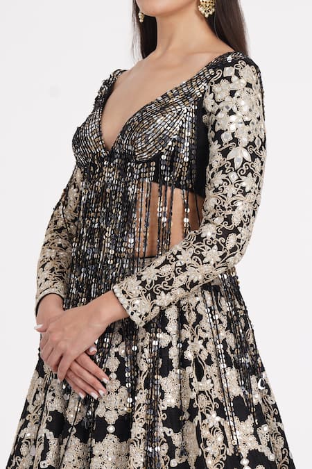 Abhinav Mishra_Black Tulle, Silk Mirrors, Sequins, Ribbons, Zari Fringe Embellished Lehenga Set _at_Aza_Fashions
