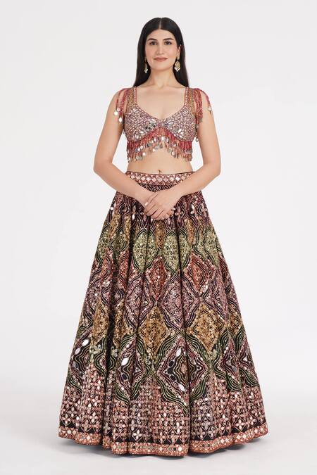 Abhinav Mishra Black Silk, Tulle Sequins, Mirrors Geometric Bloom Embroidered Lehenga Set Online at Aza Fashions Abhinav Mishra_Black Silk, Tulle Sequins, Mirrors Geometric Bloom Embroidered Lehenga Set _Online_at_Aza_Fashions