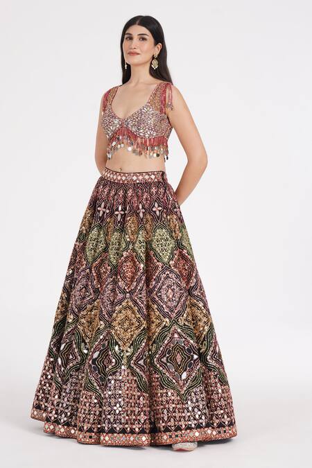 Buy Abhinav Mishra Black Silk, Tulle Sequins, Mirrors Geometric Bloom Embroidered Lehenga Set Online at Aza Fashions Buy_Abhinav Mishra_Black Silk, Tulle Sequins, Mirrors Geometric Bloom Embroidered Lehenga Set _Online_at_Aza_Fashions