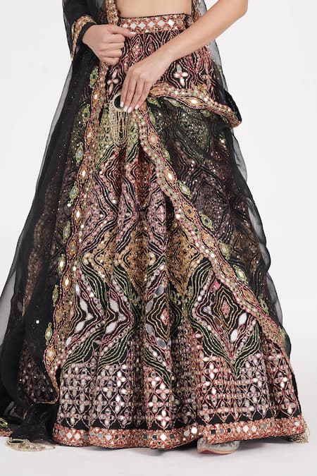 Shop Abhinav Mishra Black Silk, Tulle Sequins, Mirrors Geometric Bloom Embroidered Lehenga Set Online at Aza Fashions Shop_Abhinav Mishra_Black Silk, Tulle Sequins, Mirrors Geometric Bloom Embroidered Lehenga Set _Online_at_Aza_Fashions