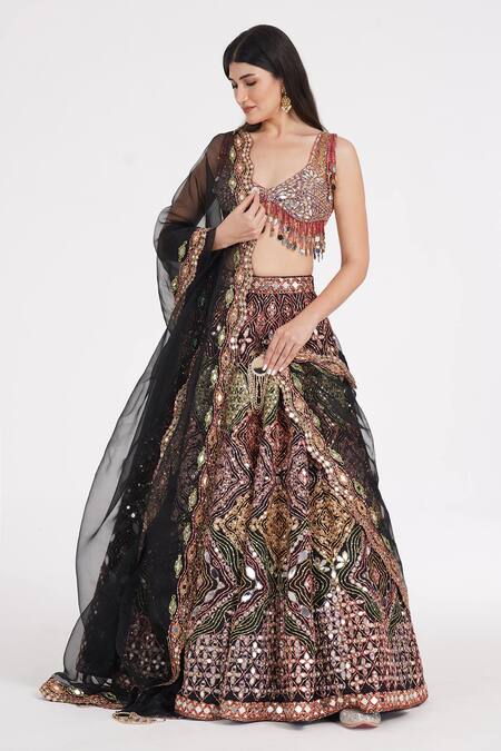 Abhinav Mishra Black Silk, Tulle Sequins, Mirrors Geometric Bloom Embroidered Lehenga Set at Aza Fashions Abhinav Mishra_Black Silk, Tulle Sequins, Mirrors Geometric Bloom Embroidered Lehenga Set _at_Aza_Fashions