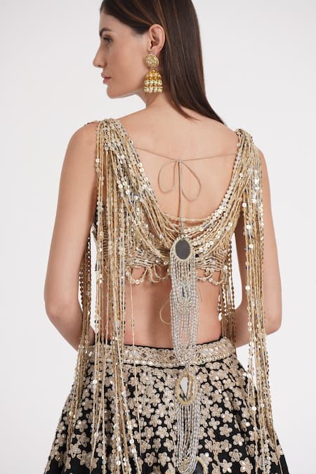 Abhinav Mishra Gold Tulle, Silk Sequins, Mirrors, Ribbons, Fringe Embellished Blouse And Lehenga Online at Aza Fashions Abhinav Mishra_Gold Tulle, Silk Sequins, Mirrors, Ribbons, Fringe Embellished Blouse And Lehenga _Online_at_Aza_Fashions