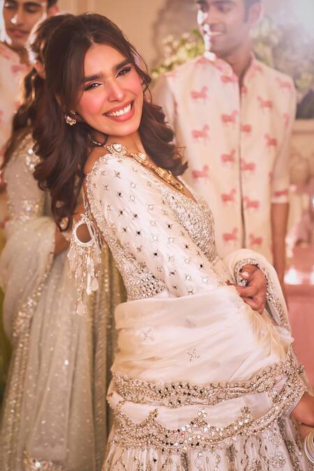 Abhinav Mishra_Ivory Chanderi, Chiffon Mirrors, Lace Plunge Neck Embroidered Anarkali Set _Online_at_Aza_Fashions