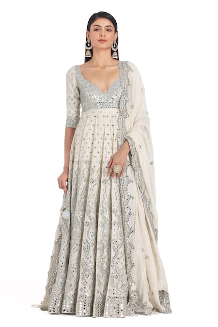 Buy_Abhinav Mishra_Ivory Chanderi, Chiffon Mirrors, Lace Plunge Neck Embroidered Anarkali Set _Online_at_Aza_Fashions