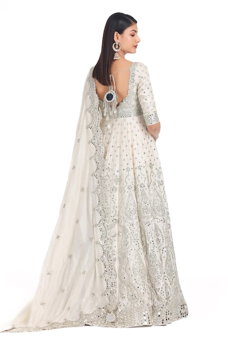 Shop_Abhinav Mishra_Ivory Chanderi, Chiffon Mirrors, Lace Plunge Neck Embroidered Anarkali Set _Online_at_Aza_Fashions