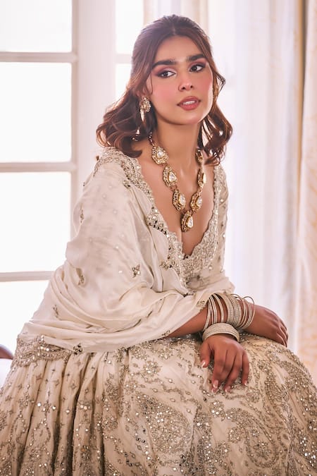 Abhinav Mishra_Ivory Chanderi, Chiffon Mirrors, Lace Plunge Neck Embroidered Anarkali Set _at_Aza_Fashions