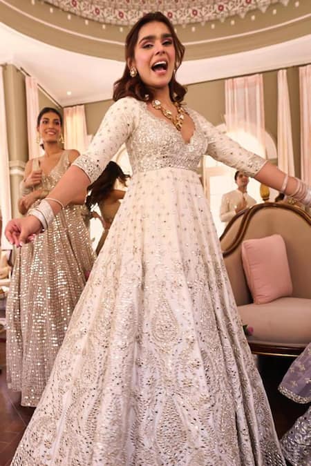 Buy_Abhinav Mishra_Ivory Chanderi, Chiffon Mirrors, Lace Plunge Neck Embroidered Anarkali Set 