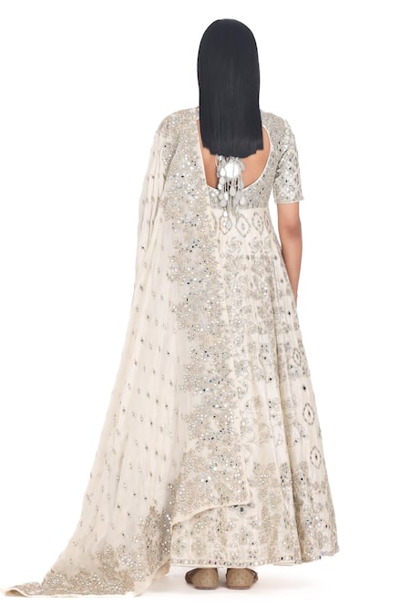 Shop_Abhinav Mishra_Ivory Chanderi, Chiffon Mirrors, Embroidery, Lace Scoop Floral Anarkali Set _at_Aza_Fashions