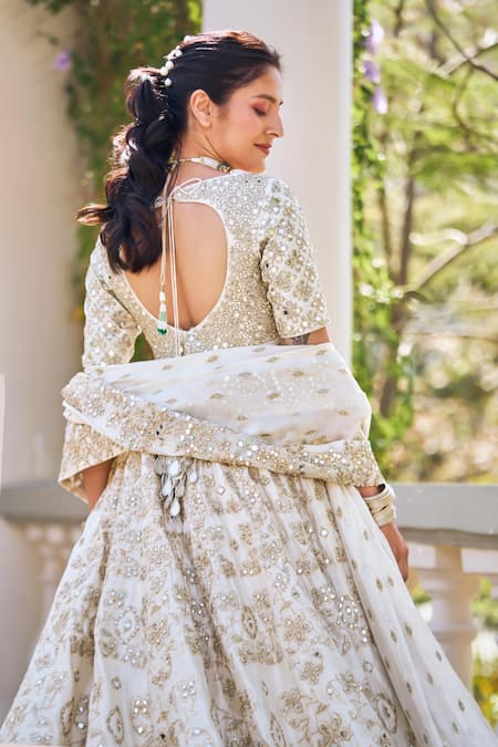 Buy_Abhinav Mishra_Ivory Chanderi, Chiffon Mirrors, Embroidery, Lace Scoop Floral Anarkali Set _Online_at_Aza_Fashions