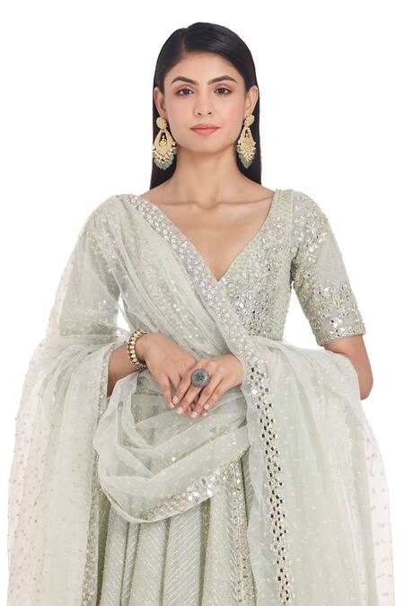 Abhinav Mishra_Green Net Mirrors Plunge Neck Floral Embroidered Anarkali Set _Online_at_Aza_Fashions