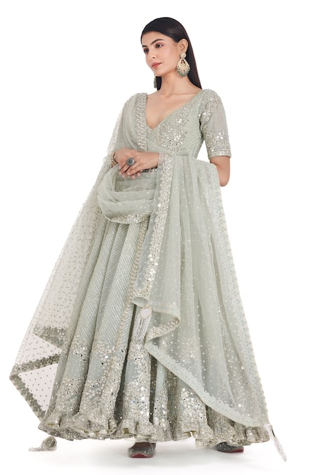 Buy_Abhinav Mishra_Green Net Mirrors Plunge Neck Floral Embroidered Anarkali Set _Online_at_Aza_Fashions