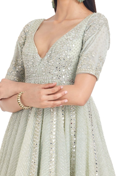 Shop_Abhinav Mishra_Green Net Mirrors Plunge Neck Floral Embroidered Anarkali Set _Online_at_Aza_Fashions