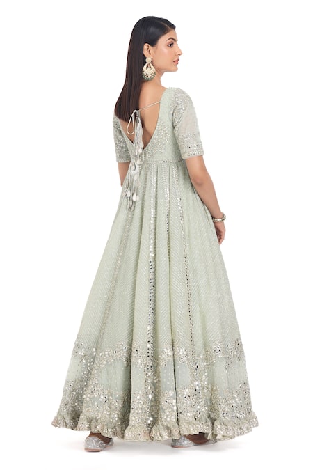 Abhinav Mishra_Green Net Mirrors Plunge Neck Floral Embroidered Anarkali Set _at_Aza_Fashions