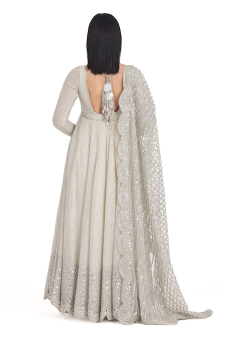 Shop_Abhinav Mishra_Ivory Net Mirrors V-neck Linear Embroidered Anarkali Set _at_Aza_Fashions
