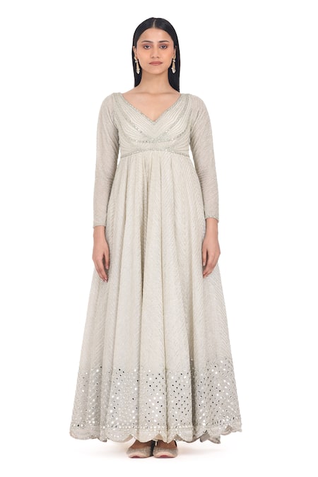 Abhinav Mishra_Ivory Net Mirrors V-neck Linear Embroidered Anarkali Set _Online_at_Aza_Fashions