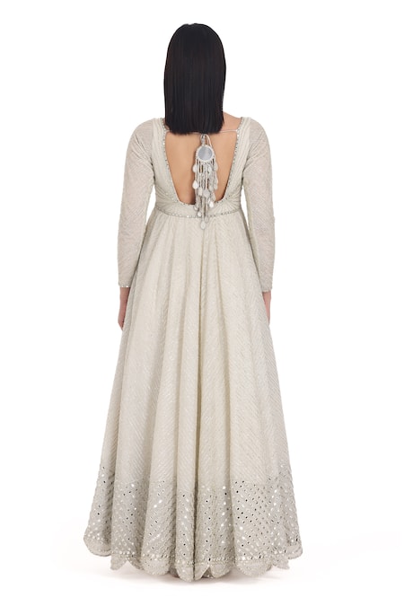 Buy_Abhinav Mishra_Ivory Net Mirrors V-neck Linear Embroidered Anarkali Set _Online_at_Aza_Fashions