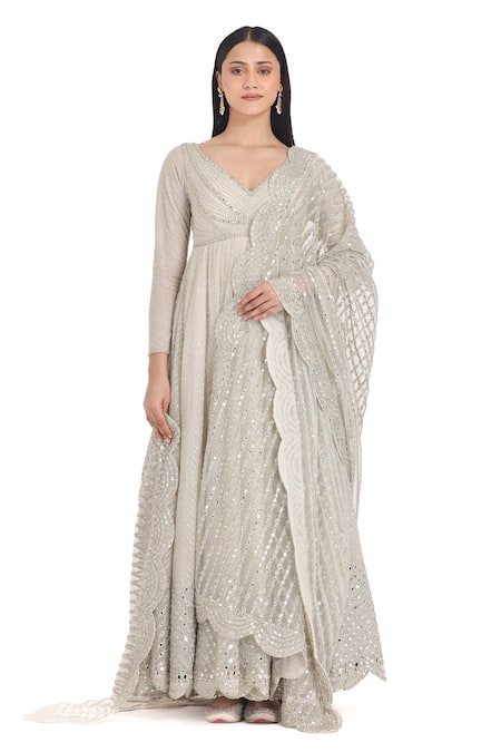 Shop_Abhinav Mishra_Ivory Net Mirrors V-neck Linear Embroidered Anarkali Set _Online_at_Aza_Fashions