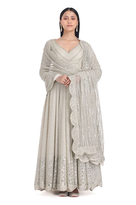 Abhinav Mishra_Ivory Net Mirrors V-neck Linear Embroidered Anarkali Set _at_Aza_Fashions