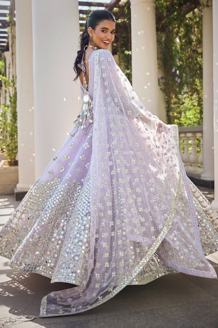 Shop Abhinav Mishra Purple Net Mirrors, Embroidery Plunge Neck Floral Butti Anarkali Set at Aza Fashions Shop_Abhinav Mishra_Purple Net Mirrors, Embroidery Plunge Neck Floral Butti Anarkali Set _at_Aza_Fashions