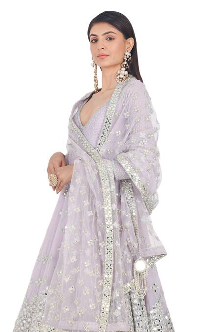 Abhinav Mishra Purple Net Mirrors, Embroidery Plunge Neck Floral Butti Anarkali Set Online at Aza Fashions Abhinav Mishra_Purple Net Mirrors, Embroidery Plunge Neck Floral Butti Anarkali Set _Online_at_Aza_Fashions
