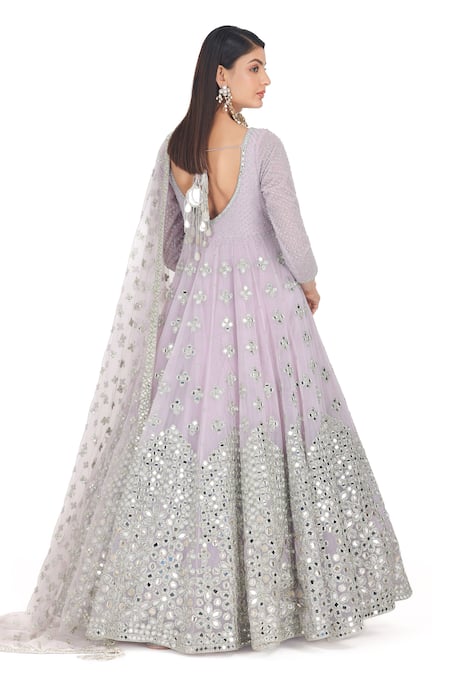 Shop Abhinav Mishra Purple Net Mirrors, Embroidery Plunge Neck Floral Butti Anarkali Set Online at Aza Fashions Shop_Abhinav Mishra_Purple Net Mirrors, Embroidery Plunge Neck Floral Butti Anarkali Set _Online_at_Aza_Fashions