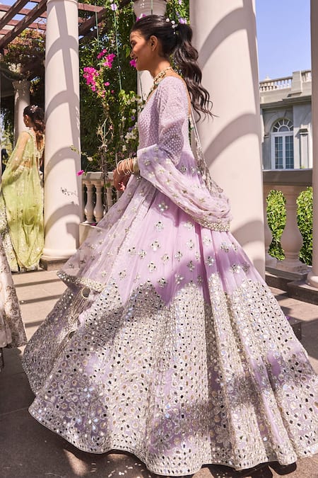 Abhinav Mishra Purple Net Mirrors, Embroidery Plunge Neck Floral Butti Anarkali Set at Aza Fashions Abhinav Mishra_Purple Net Mirrors, Embroidery Plunge Neck Floral Butti Anarkali Set _at_Aza_Fashions