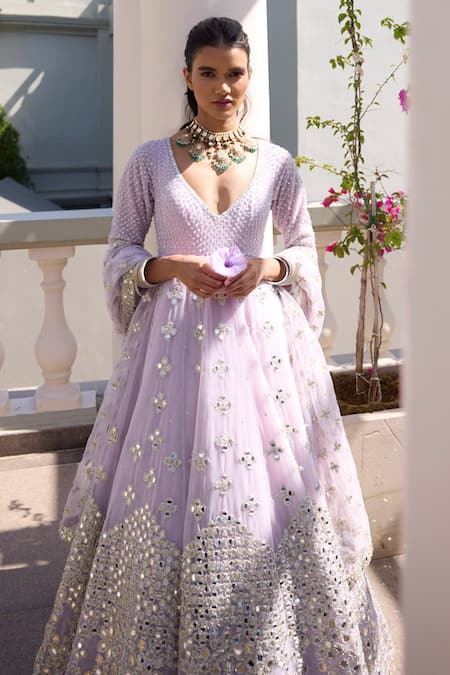 Buy Abhinav Mishra Purple Net Mirrors, Embroidery Plunge Neck Floral Butti Anarkali Set Buy_Abhinav Mishra_Purple Net Mirrors, Embroidery Plunge Neck Floral Butti Anarkali Set