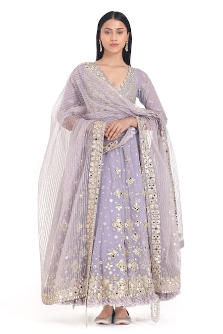 Abhinav Mishra_Lilac Net Mirrors, Embroidery Plunge Neck Floral Anarkali Set _Online_at_Aza_Fashions