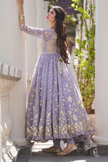 Shop Abhinav Mishra Lilac Net Mirrors, Embroidery Plunge Neck Floral Anarkali Set at Aza Fashions Shop_Abhinav Mishra_Lilac Net Mirrors, Embroidery Plunge Neck Floral Anarkali Set _at_Aza_Fashions
