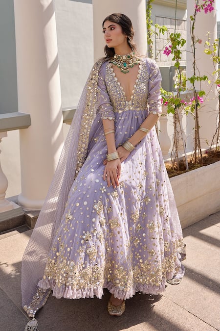 Buy_Abhinav Mishra_Lilac Net Mirrors, Embroidery Plunge Neck Floral Anarkali Set _Online_at_Aza_Fashions