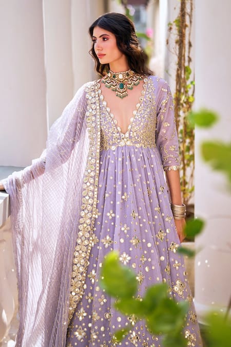 Abhinav Mishra_Lilac Net Mirrors, Embroidery Plunge Neck Floral Anarkali Set _at_Aza_Fashions