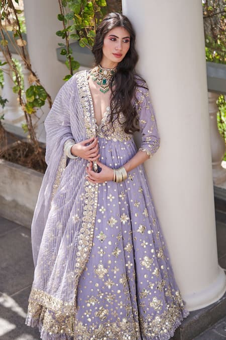 Buy Abhinav Mishra Lilac Net Mirrors, Embroidery Plunge Neck Floral Anarkali Set Buy_Abhinav Mishra_Lilac Net Mirrors, Embroidery Plunge Neck Floral Anarkali Set