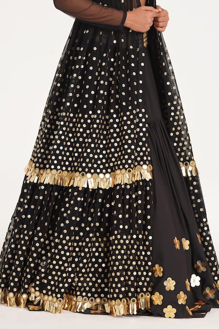 Abhinav Mishra_Black Georgette, Tulle Mirrors, Sequins, Floral Jacket And Tiered Lehenga Set _Online_at_Aza_Fashions
