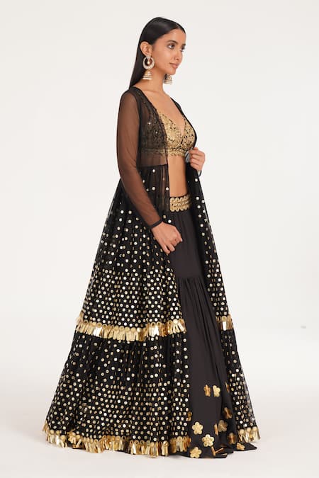 Shop_Abhinav Mishra_Black Georgette, Tulle Mirrors, Sequins, Floral Jacket And Tiered Lehenga Set _Online_at_Aza_Fashions
