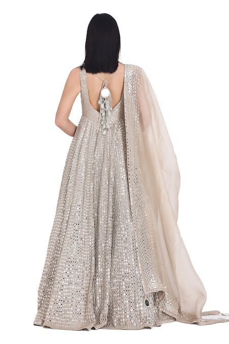 Shop Abhinav Mishra Gray Chanderi, Organza Mirrors, Embroidery, Applique Cluster Anarkali Set at Aza Fashions Shop_Abhinav Mishra_Gray Chanderi, Organza Mirrors, Embroidery, Applique Cluster Anarkali Set _at_Aza_Fashions