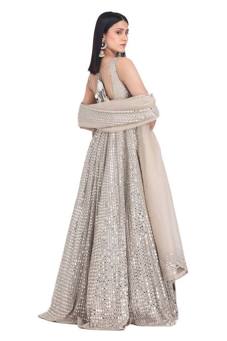 Abhinav Mishra Gray Chanderi, Organza Mirrors, Embroidery, Applique Cluster Anarkali Set Online at Aza Fashions Abhinav Mishra_Gray Chanderi, Organza Mirrors, Embroidery, Applique Cluster Anarkali Set _Online_at_Aza_Fashions