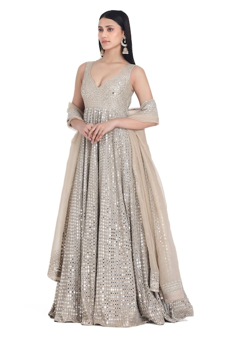 Shop Abhinav Mishra Gray Chanderi, Organza Mirrors, Embroidery, Applique Cluster Anarkali Set Online at Aza Fashions Shop_Abhinav Mishra_Gray Chanderi, Organza Mirrors, Embroidery, Applique Cluster Anarkali Set _Online_at_Aza_Fashions