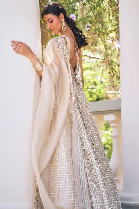 Abhinav Mishra_Gray Chanderi, Organza Mirrors, Embroidery, Applique Cluster Anarkali Set _at_Aza_Fashions