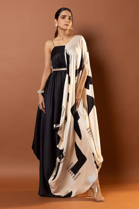 Vedika M Geometric Print Draped Dress With Belt 