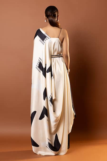 Vedika M Black Geometric Print Draped Maxi Dress 