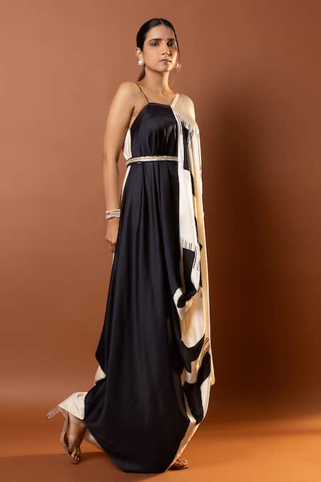 Vedika M_Silver Satin Sequins Asymmetric Black Geometric Print Draped Maxi Dress _Online_at_Aza_Fashions
