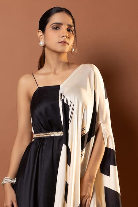 Buy_Vedika M_Silver Satin Sequins Asymmetric Black Geometric Print Draped Maxi Dress _Online_at_Aza_Fashions