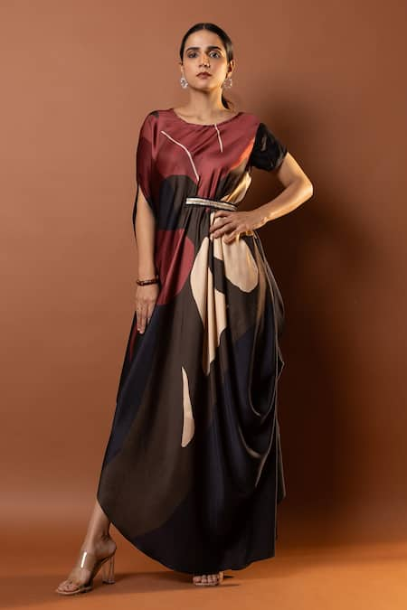 Vedika M Abstract Print Draped Dress With Belt 