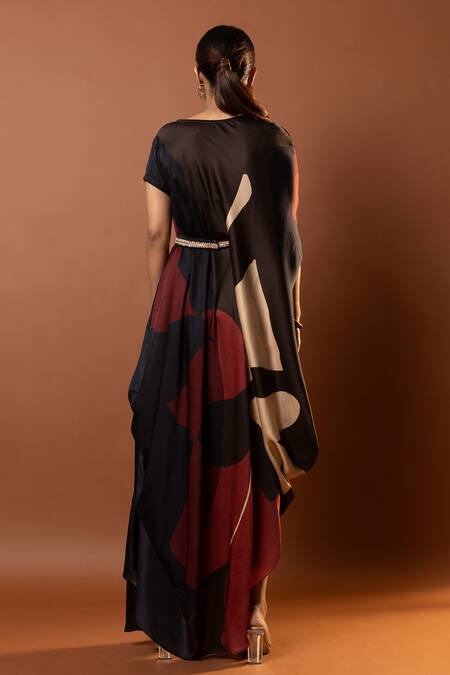 Shop_Vedika M_Black Satin Sequins Round Neck Geometric Print Draped Maxi Dress With Belt _at_Aza_Fashions