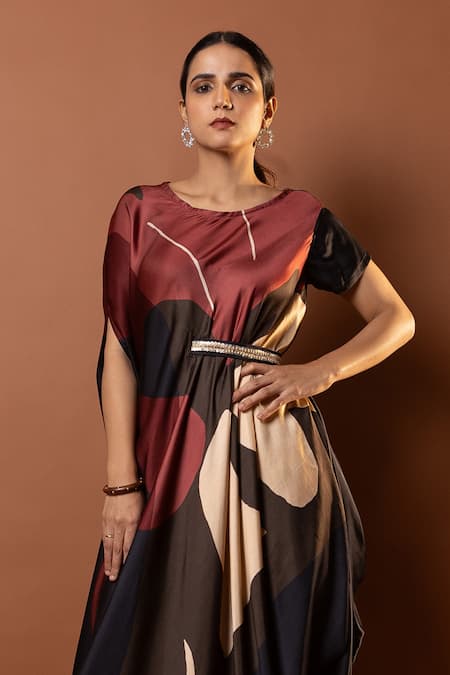 Vedika M_Black Satin Sequins Round Neck Geometric Print Draped Maxi Dress With Belt _Online_at_Aza_Fashions