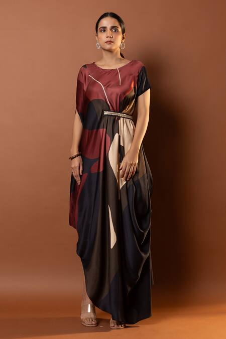Buy_Vedika M_Black Satin Sequins Round Neck Geometric Print Draped Maxi Dress With Belt _Online_at_Aza_Fashions