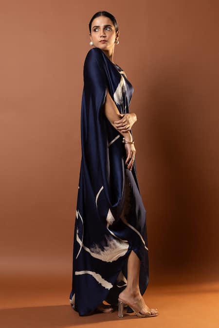 Vedika M Blue Satin Sequins Round Neck Geometric Print Draped Maxi Dress Online at Aza Fashions Vedika M_Blue Satin Sequins Round Neck Geometric Print Draped Maxi Dress _Online_at_Aza_Fashions