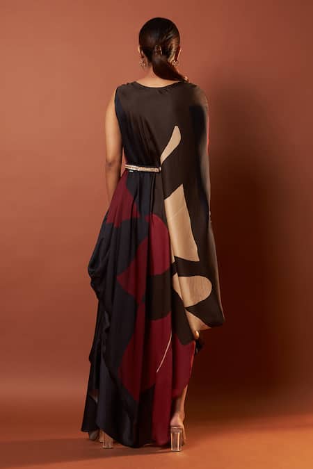 Shop Vedika M Multi Color Satin Sequins Round Neck Draped Maxi Dress With Belt at Aza Fashions Shop_Vedika M_Multi Color Satin Sequins Round Neck Draped Maxi Dress With Belt _at_Aza_Fashions