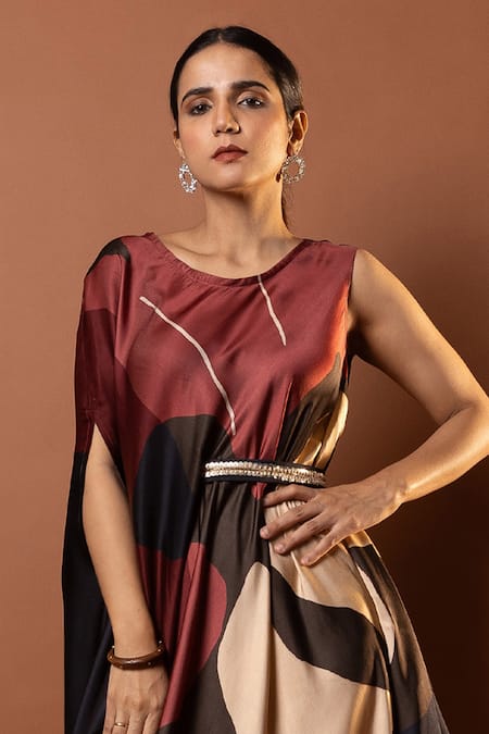 Vedika M Multi Color Satin Sequins Round Neck Draped Maxi Dress With Belt Online at Aza Fashions Vedika M_Multi Color Satin Sequins Round Neck Draped Maxi Dress With Belt _Online_at_Aza_Fashions
