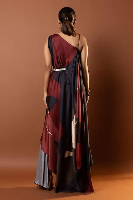 Shop Vedika M Black Satin Sequins Asymmetric Abstract Print Dress at Aza Fashions Shop_Vedika M_Black Satin Sequins Asymmetric Abstract Print Dress _at_Aza_Fashions